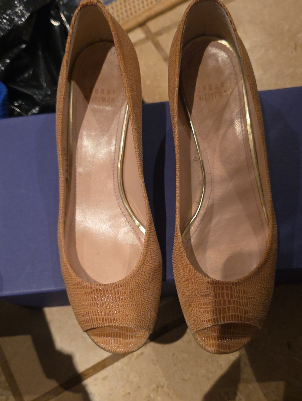 Stuart Weitzman Tan Croc-Embossed Peep-Toe Wedges